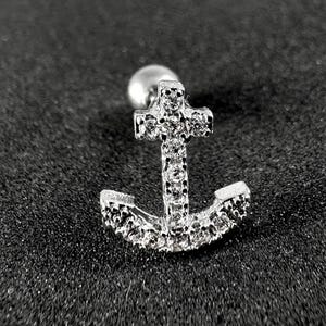 CZ Jewelled Anchor Tragus, Helix & Cartilage Stud | 316L Surgical Steel | 16G (1.2mm) | Elegant Piercing Jewellery | Gift For Her
