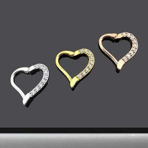 CZ Jewelled Heart Daith, Cartilage and Nose Hinged Clicker - 316L Surgical Steel – 16G (1.2mm) - 10mm - Steel, Gold, Rose Gold PVD
