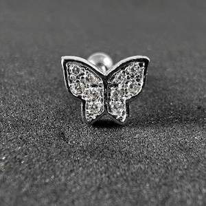 Micro CZ Jewelled Butterfly Tragus, Helix & Cartilage Stud | 316L Surgical Steel | 16G (1.2mm) | Elegant Piercing Jewellery | Gift For Her