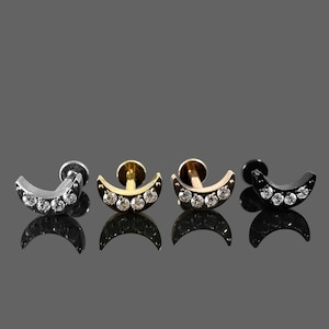 CZ Jewelled Crescent Threadless Push-Fit Flat Back Tragus, Helix & Cartilage Stud | G23 Grade Titanium | Multiple Colour and Sizes
