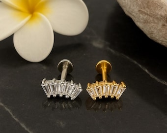 16G CZ Cluster Stud Earrings in Surgical Steel, Internally Threaded, Baguette CZ Flat-Back Labret, Push Pin Ear Stud, Bridesmaid Jewellery