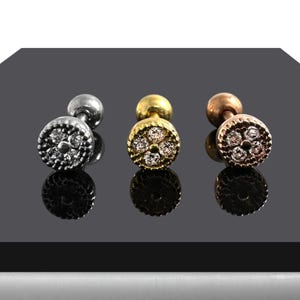 CZ Jewelled Round Top Tragus, Helix & Cartilage Stud | 316L Surgical Steel | 16G(1.2mm) | Steel, Gold PVD and Rose Gold PVD | Gift for Girls