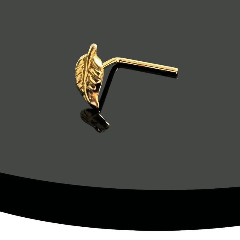 Delicate Leaf Nose Stud 9K Solid Yellow Gold - L Shaped Nose Ring Leaf Shaped - Thin 22G (0.6mm) Nostril Piercing Jewelry - Cute Nose Pin