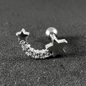 Piercing em forma de estrela cadente com zircônia cúbica para tragus, hélice e cartilagem | Aço cirúrgico 316L | 16G (1,2 mm) | Joia elegante para piercing | Presente para ela