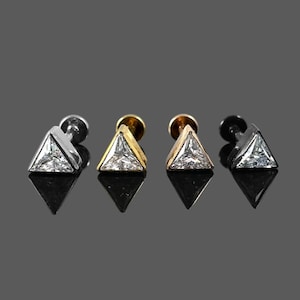 Triangle CZ Jewelled Threadless Push-Fit Flat Back Tragus, Helix & Cartilage Stud | G23 Grade Titanium | Multiple Sizes and Colours