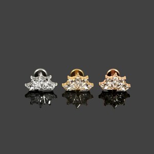 G23 Grade Titanium CZ Jewelled Scaevola Half Flower Cartilage Stud – 16G(1.2mm) -Titanium, Gold PVD and Rose Gold PVD - 6mm Bar Length