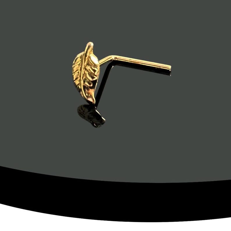 Delicate Leaf Nose Stud 9K Solid Yellow Gold - L Shaped Nose Ring Leaf Shaped - Thin 22G (0.6mm) Nostril Piercing Jewelry - Cute Nose Pin