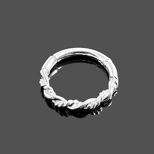 May include: A silver ring featuring a braided design. The ring has a hinged clasp and a polished surface, reflecting light. The braided section adds texture and visual interest to the jewellery.