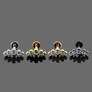 Five CZ Jewelled Threadless Push-Fit Flat Back Tragus, Helix & Cartilage Stud | G23 Grade Titanium | Available in Multiple Sizes and Colours