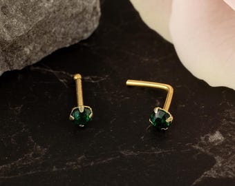 9K massief geelgouden smaragd neuspin stud 22G/0,6 mm kogeluiteinde/L-vormig neusbeen minimalistische piercingsieraden sierlijke bruids neusring in goud