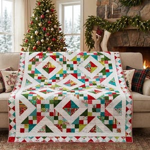 May include: A patchwork quilt featuring a repeating geometric pattern of white, red, green, and teal fabric squares. The design incorporates diamond shapes and small square blocks in a festive color palette, finished with a white border.