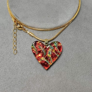 Bright Red Dichroic Glass Heart Pendant on Black with Gold Chain