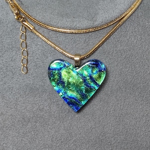 Fused Green Dichroic Glass Heart Pendant on Black with Gold Chain