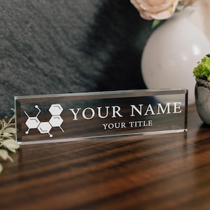 Chemical Chemistry Personalized Glass Nameplate For RN, Doctor, Lab Tech Name Plate Decor Coworker Gift Ideas Med School Grad Present