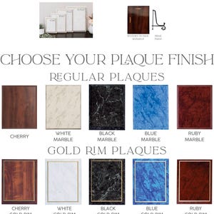 The image is a promotional poster for a company that sells plaque finishes. It features a variety of different plaque finishes, including cherry, white, black, blue, and gold rim plaques, arranged in a grid layout. The poster provides information on how to order these plaques, including the option to choose your size and make your stand selection. It also mentions that the plaques can be made of marble, gold, or other materials.