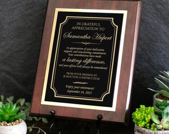 CUSTOM Engraved Plaque Retirement Gift Appreciation Award Personalized Recognition Employee Boss Thank You Work Anniversary Present