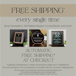 The image is an advertisement for free shipping, featuring three different framed items: a plaque, a plaque, and a plaque. The text on the image promotes the offer of free shipping for various products, such as nameplates, tile/walnut plaques, and crystal blocks.