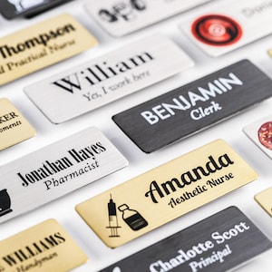 Choose Your Symbol High Quality METAL 1&quot;x2.75&quot; Name Badge, Business Logo Tag, Magnetic Custom for Office Employee, Silver, Gold or Titanium