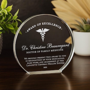 Crystal Doctor Award Of Excellence Plaque, Personalized Medical Recognition Gift, Appreciation Keepsake, MD Physician Surgeon Graduation
