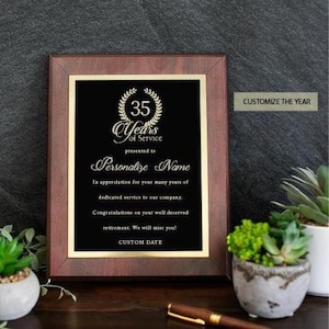 Placa grabada con años de servicio, obsequio de jubilación, premio de reconocimiento personalizado, agradecimiento a los empleados, regalo de aniversario laboral
