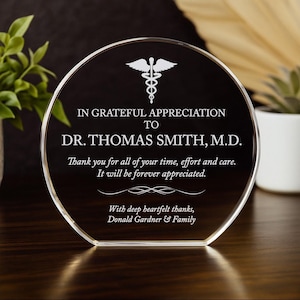 Doctor Appreciation Crystal Award Gift – Personalized Medical Thank You Plaque for MD From Staff or Patient