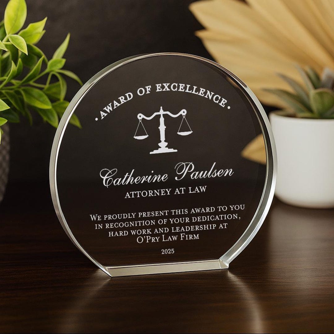 Attorney Award 6” Crystal Plaque, Custom Lawyer Gift With Scales of ...