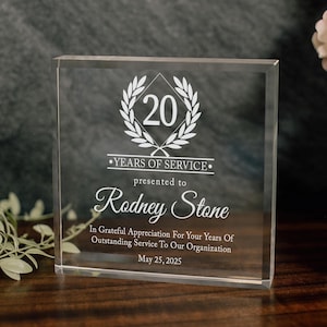 Year Service Award Plaque, Custom 6x6 Corporate Anniversary Keepsake Appreciation Award Crystal Glass– Employee Recognition or Retirement