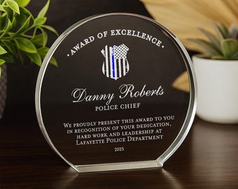 Police Chief Award Crystal Plaque – Personalized Law Enforcement Appreciation Gift for Retirement Promotion or Service Recognition