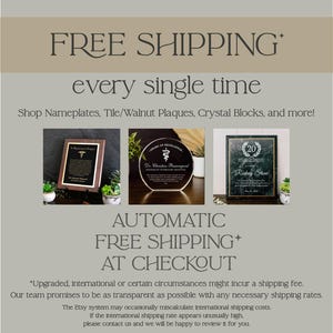 The image is an advertisement for free shipping, featuring three different framed items: a plaque, a plaque, and a plaque. The text on the image promotes the offer of free shipping for various products, such as nameplates, tile/walnut plaques, and crystal blocks.