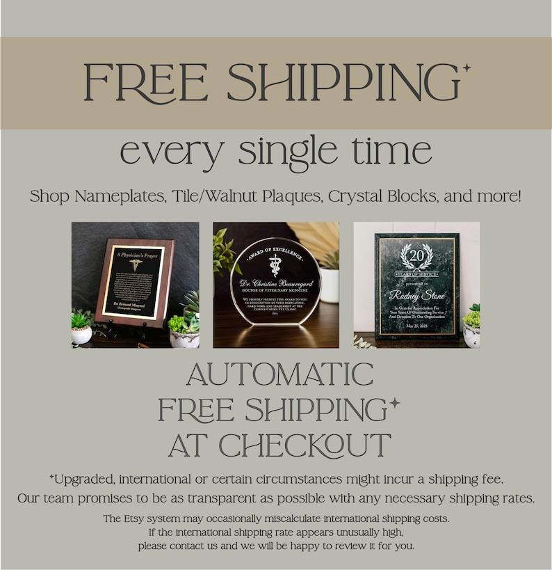 The image is an advertisement for free shipping, featuring three different framed items: a plaque, a plaque, and a plaque. The text on the image promotes the offer of free shipping for various products, such as nameplates, tile/walnut plaques, and crystal blocks.