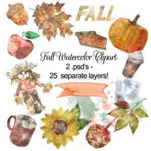 Aquarell Herbst Clipart Herbst Scrapbook psd Kürbis Sonnenblume Vogelscheuche printable, Digital gemalt
