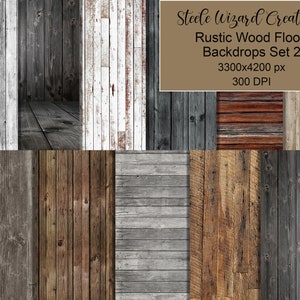 May include: Set of 8 rustic wood floor backdrops, featuring various shades of brown, gray, and white wood planks. The backdrops are 3300x4200 pixels and 300 DPI.