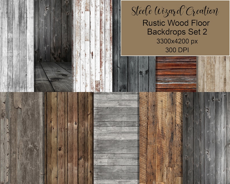 May include: Set of 8 rustic wood floor backdrops, featuring various shades of brown, gray, and white wood planks. The backdrops are 3300x4200 pixels and 300 DPI.