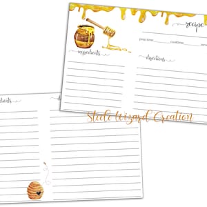 Recipe Card Printable, DIY Recipe Card, Honey Bee, Farmhouse Style, Recipe Cards
