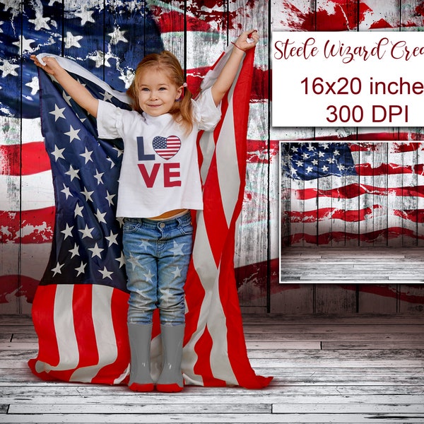 USA Digital Background, Flag on Vintage Wood Backdrop, American Flag, Patriotic Backdrop, Independence Day, 4th of July