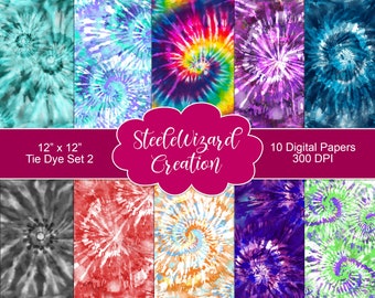 Tie Dye Digital Paper, Rainbow Seamless Tie Dye Download, Scrapbook Paper Pack, Tie-Dye Print, Groovy Retro, Swirls Tie-Dye