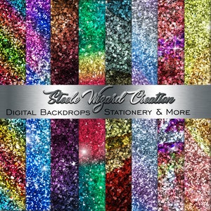 May include: A collection of digital backdrops with a glitter effect in various colors, including pink, purple, green, and blue. The image features the text "Steele Wizard Creation" and "Digital Backdrops, Stationery & More."