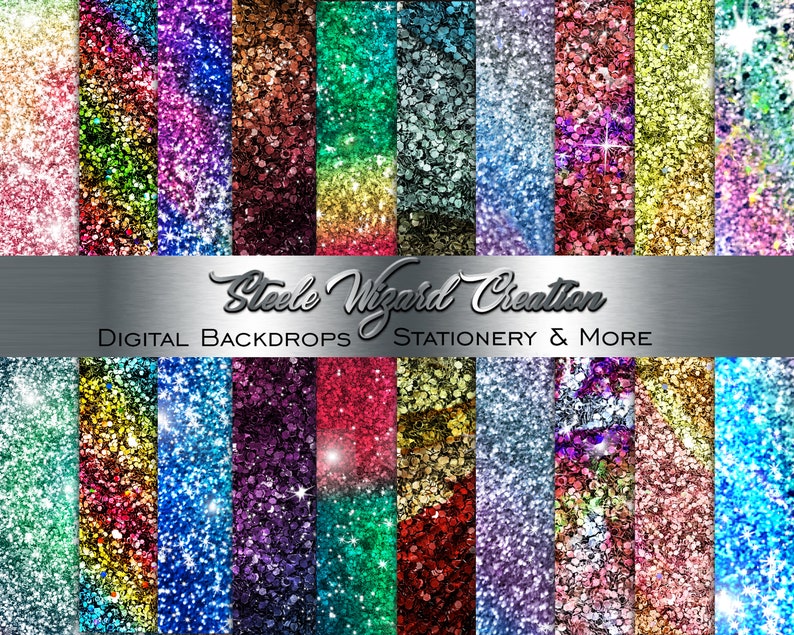 May include: A collection of digital backdrops with a glitter effect in various colors, including pink, purple, green, and blue. The image features the text "Steele Wizard Creation" and "Digital Backdrops, Stationery & More."