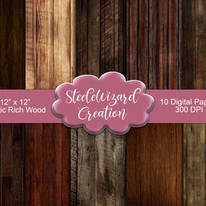May include: A collection of ten digital papers featuring rustic rich wood textures. The papers are 12 x 12 inches and have a resolution of 300 DPI. The image includes a variety of wood grain patterns and colors, from dark brown to light brown.
