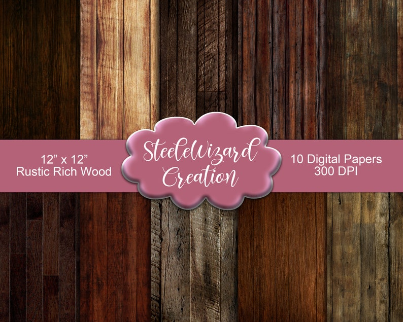 May include: A collection of ten digital papers featuring rustic rich wood textures. The papers are 12 x 12 inches and have a resolution of 300 DPI. The image includes a variety of wood grain patterns and colors, from dark brown to light brown.
