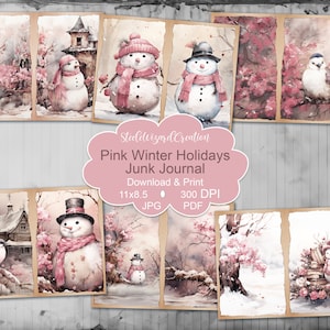 Pink Christmas junk journal page, Vintage Snowman, Merry Christmas Junk Journal Pages, Holiday Junk Journal Printable Paper, Digital Collage