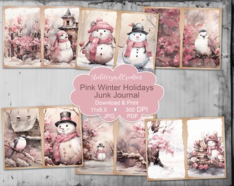 Página rosa del diario basura de Navidad, Muñeco de nieve vintage, Páginas del diario basura de Feliz Navidad, Papel imprimible del diario basura de vacaciones, Collage digital