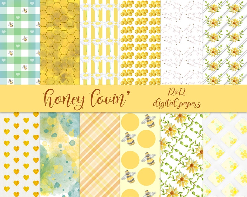 May include: A collection of 12x12 digital papers with various patterns. Designs include honeycombs, bees, daisies, sunflowers, hearts, and watercolor textures. The color palette features yellow, white, and green hues. The text "honey lovin'" is displayed.
