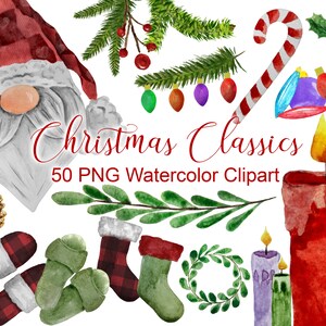 May include: A set of 50 watercolor Christmas clipart images. The images include a gnome, a candy cane, a candle, a wreath, holly, and a pine branch. The images are perfect for creating Christmas cards, invitations, and other festive projects.