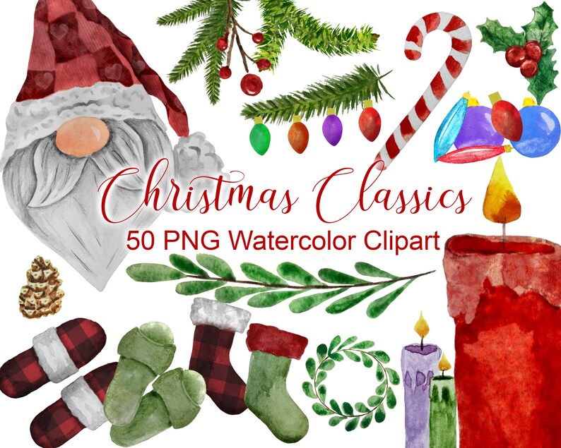 May include: A set of 50 watercolor Christmas clipart images. The images include a gnome, a candy cane, a candle, a wreath, holly, and a pine branch. The images are perfect for creating Christmas cards, invitations, and other festive projects.