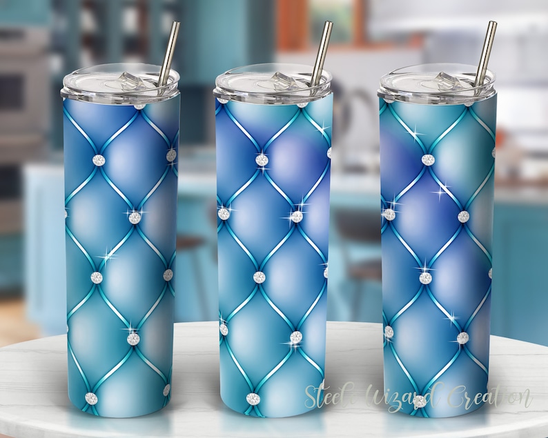 May include: Three stainless steel tumblers with a blue and white diamond pattern. The tumblers have a clear lid and a straw.