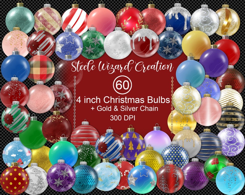 May include: Sixty 4-inch Christmas bulbs in various colors and patterns, including red, green, blue, gold, silver, and white. The bulbs are decorated with snowflakes, stars, stripes, and other festive designs. The image also includes a gold and silver chain.