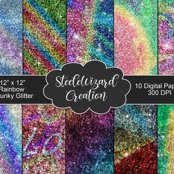 Glitter Digital Paper Rainbow Ombre Chunky Glitter, Sublimation Design, Metallic Print Scrapbook Paper Pack, Glitter Clipart