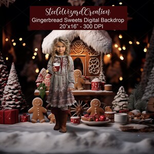 May include: A digital backdrop featuring a gingerbread house with a snowy roof, surrounded by Christmas trees, presents, and gingerbread cookies. A young girl stands in front of the house, holding a cup of hot chocolate. The backdrop is 20 inches by 16 inches and has a resolution of 300 DPI.