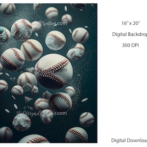 May include: A digital backdrop featuring a dark blue background with multiple baseballs scattered throughout. The baseballs are in various positions, some are cracked and broken, and some are whole. The baseballs are white with red stitching. The background has a subtle sparkle effect.